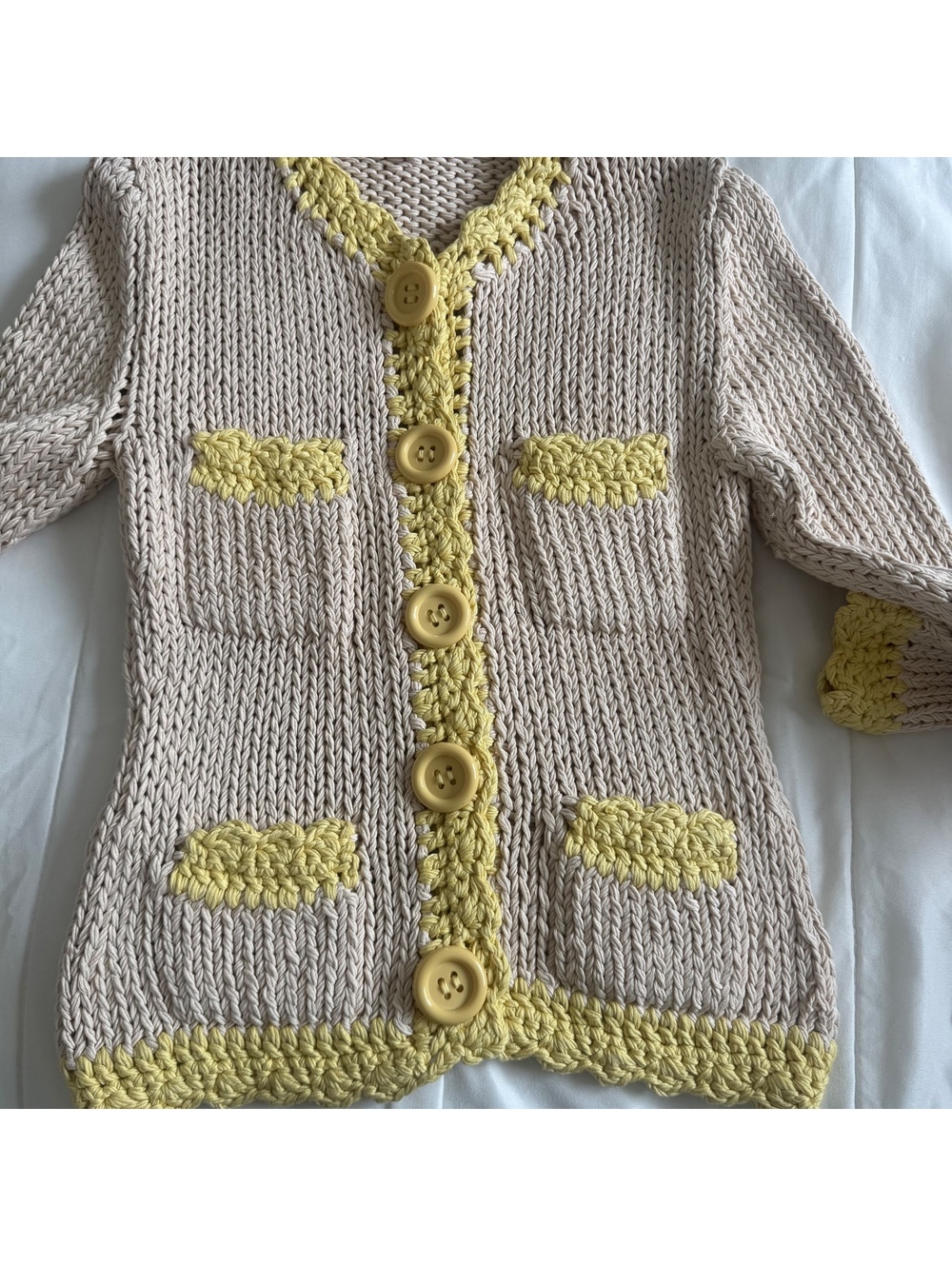 twinkle by wenlan Women's Silk Cotton Knit Cardigan in Beige and Yellow, Size L